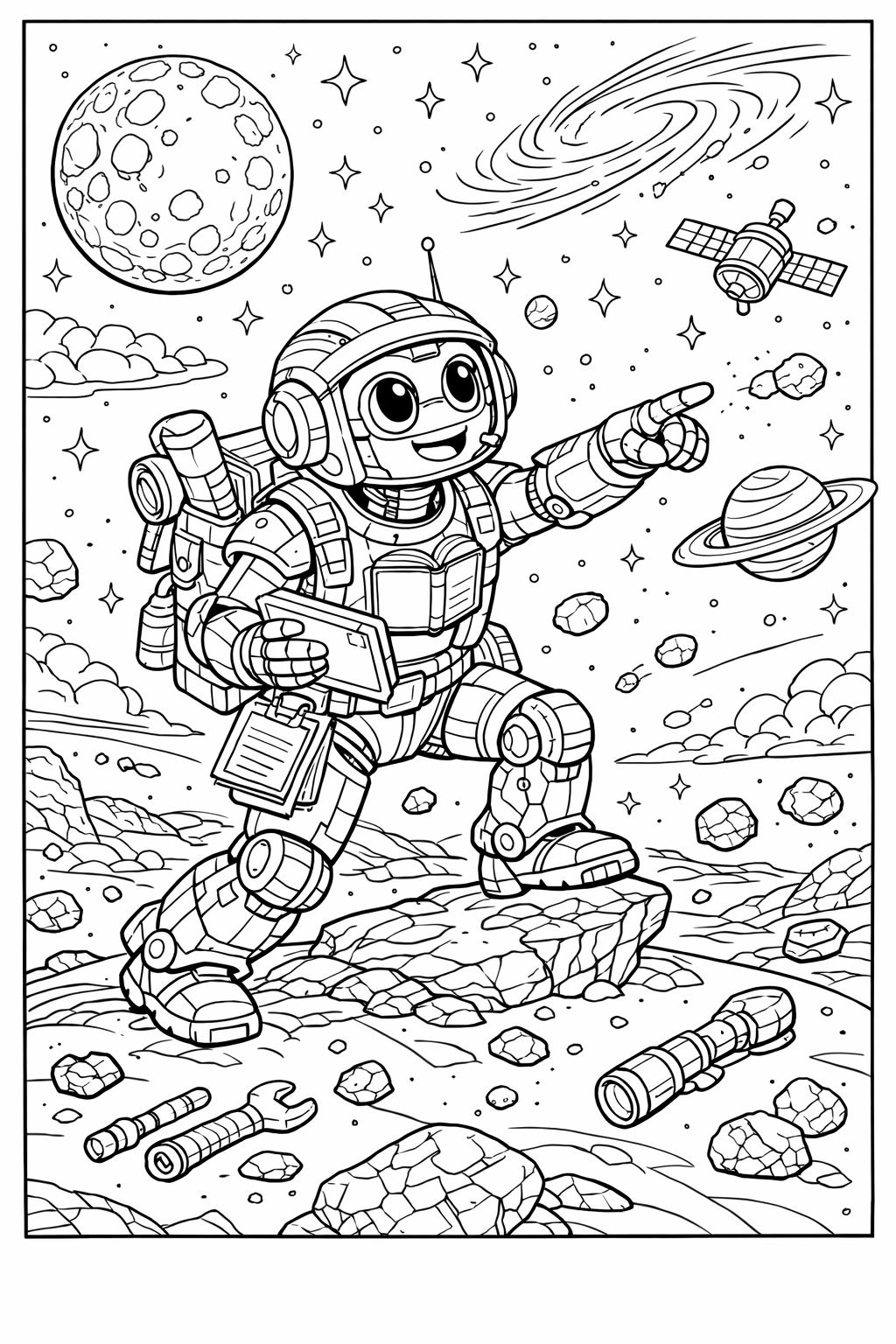 Robot Teacher Exploring Space Coloring Page