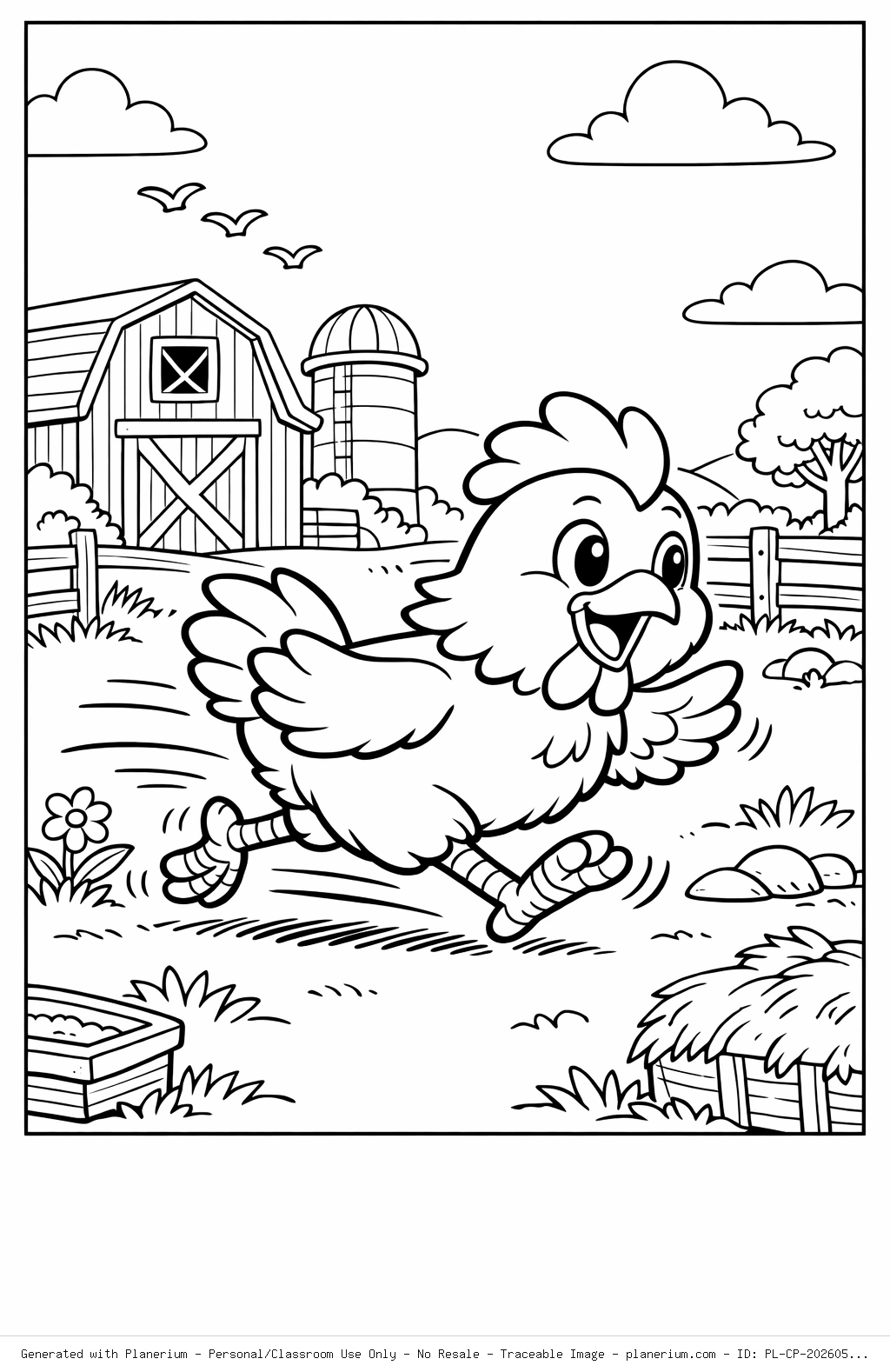 Running Chicken on the Farm Coloring Page