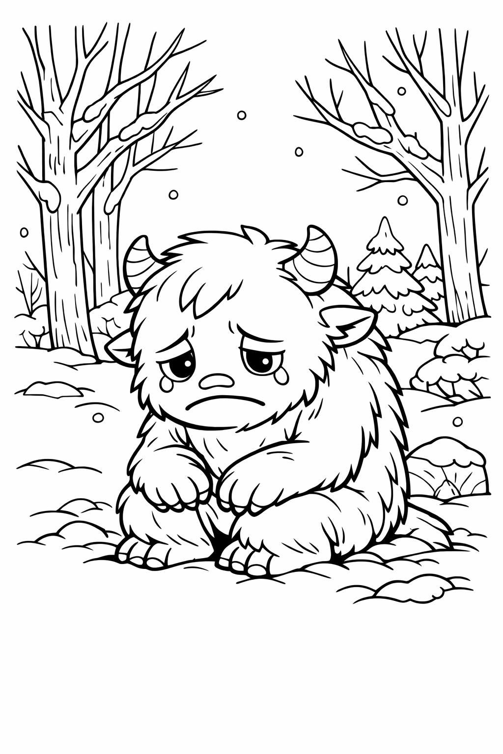 Sad Friendly Monster in a Winter Forest Coloring Page