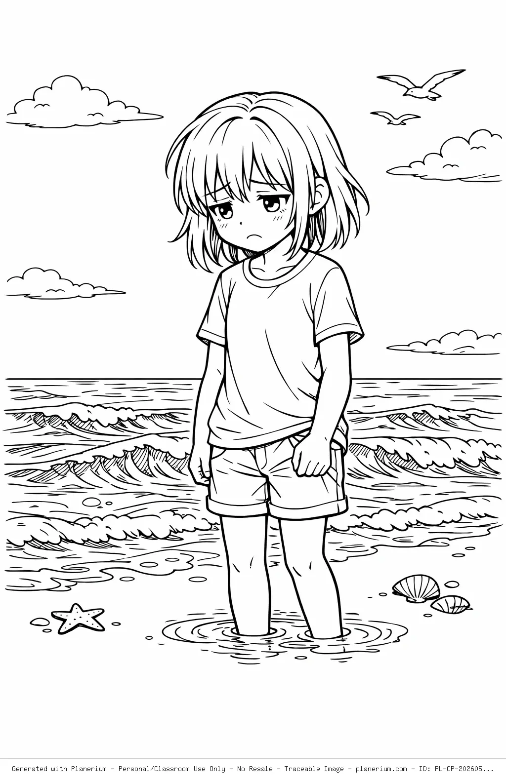 Sad Ocean Girl Anime Coloring Page
