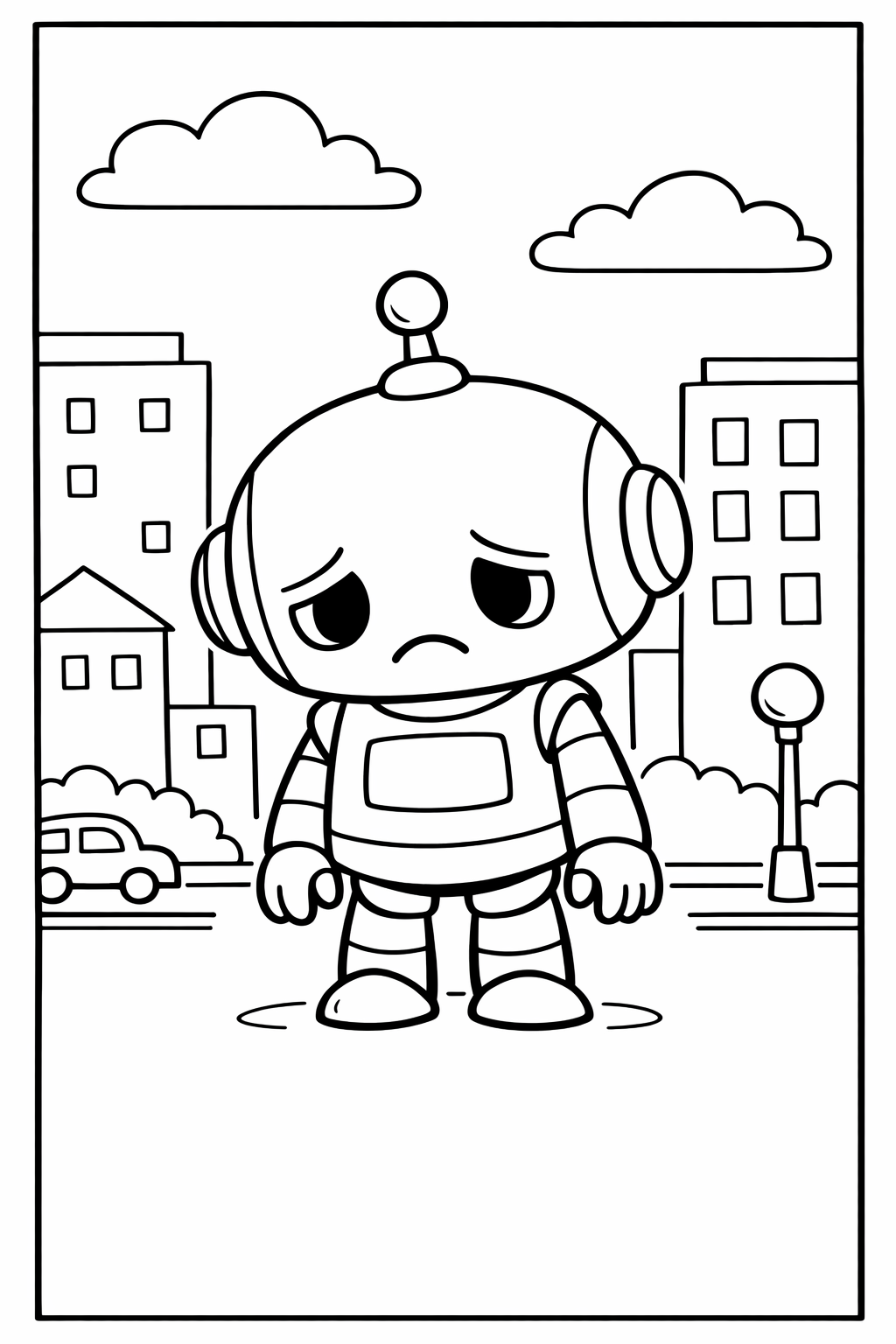 Sad Robot in the City Coloring Page