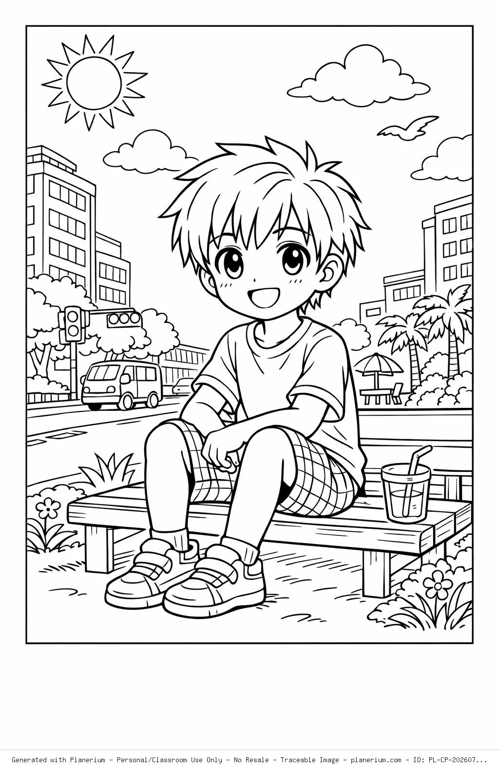 Sitting Boy City Summer Coloring Page