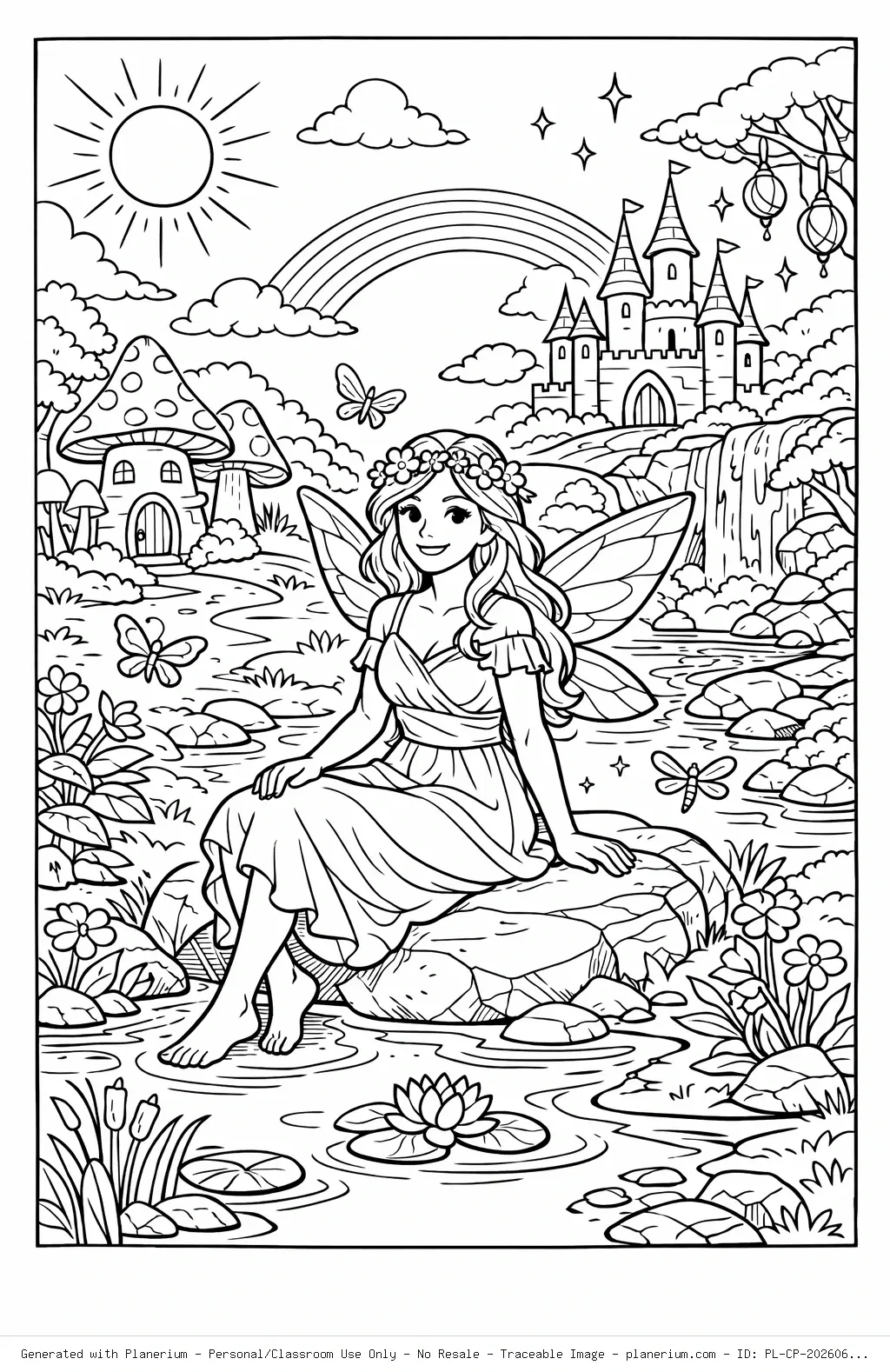 Sitting Woman Magical Land Summer Coloring Page