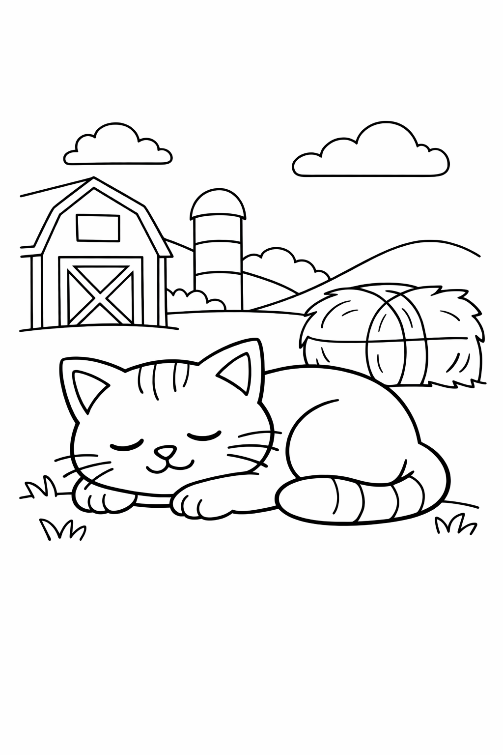 Sleepy Farm Cat Coloring Page
