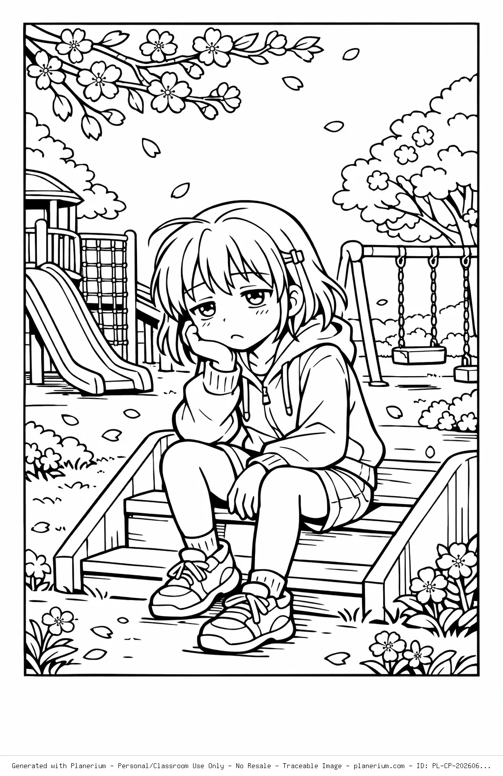 Sleepy Girl Playground Spring Coloring Page