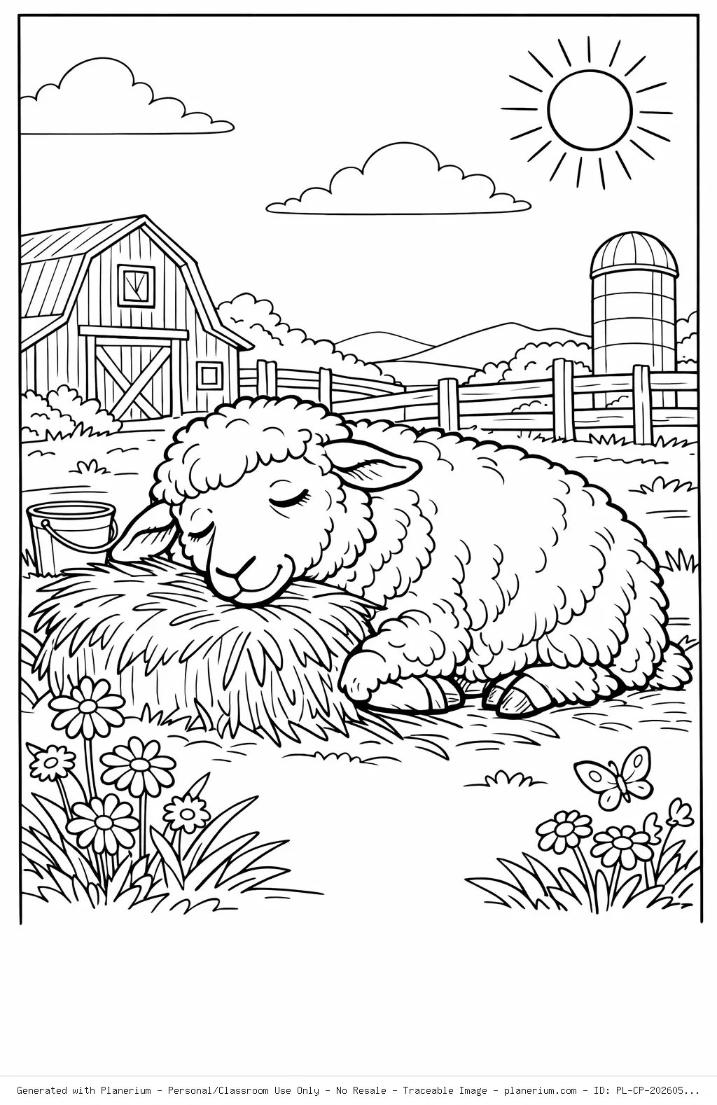 Sleepy Sheep on a Summer Farm Coloring Page