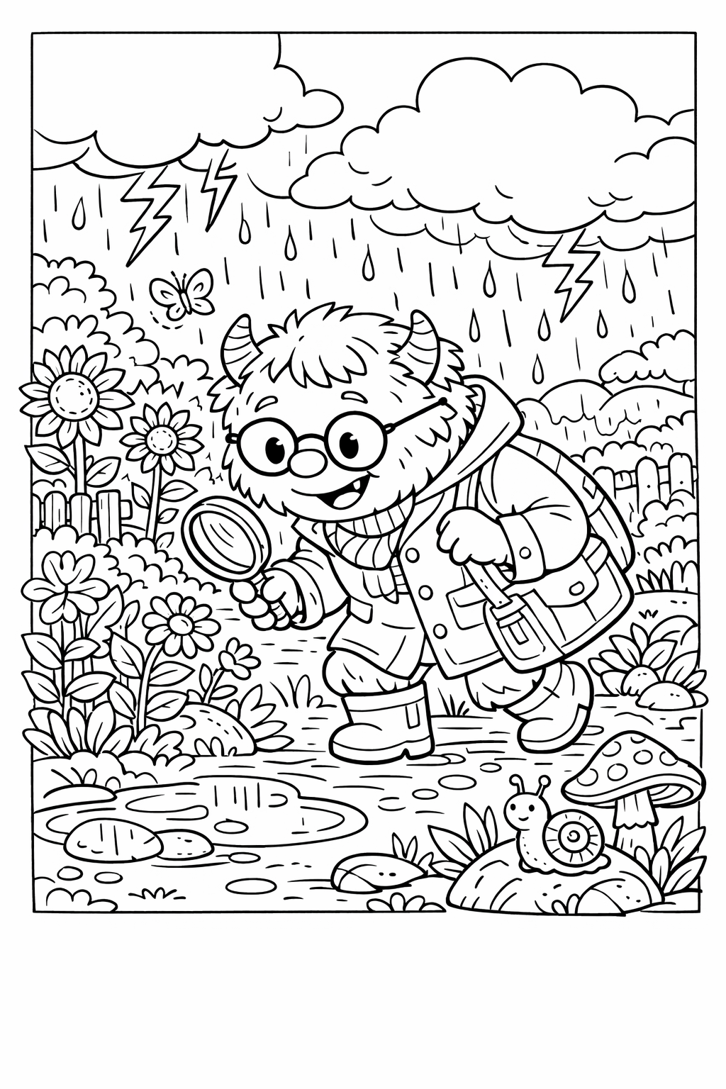 Stormy Garden Exploration by a Friendly Teacher Monster Coloring Page