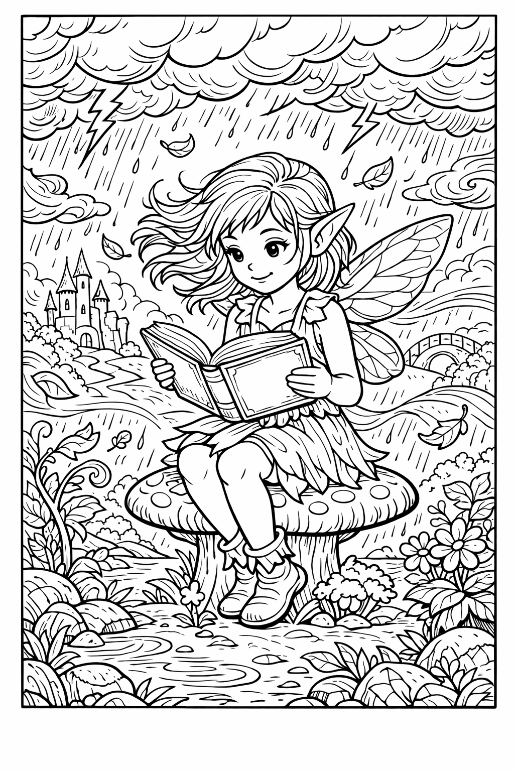 Stormy Magical Land: A Girl Fairy Reading Coloring Page