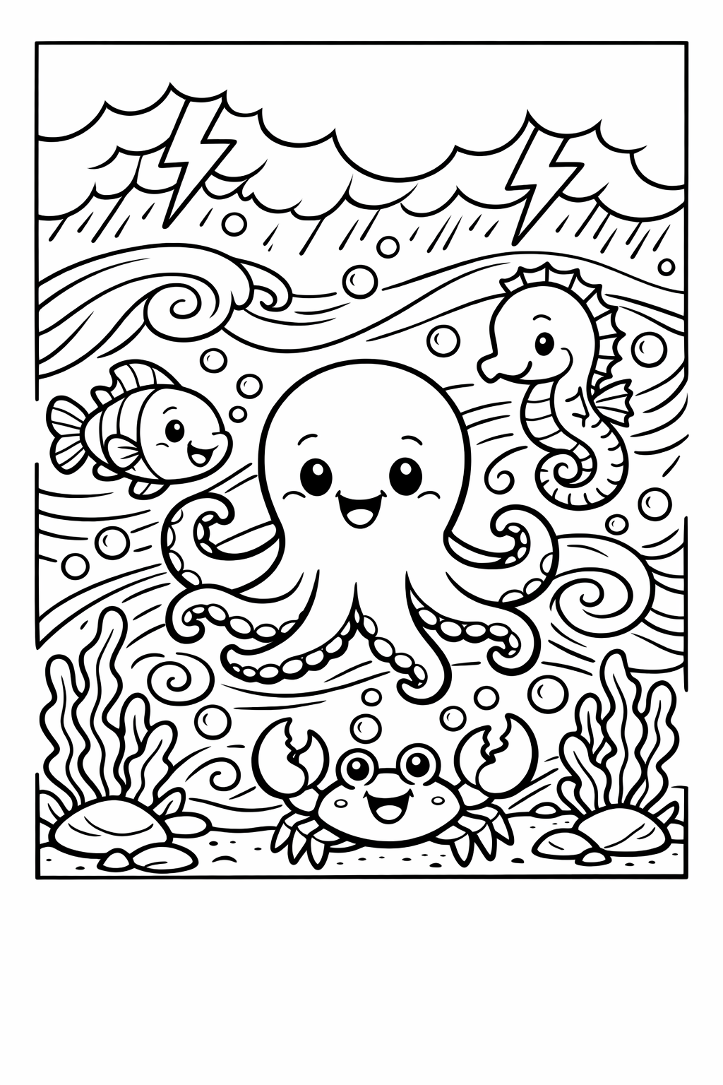 Stormy Underwater Adventure with Sea Creatures Coloring Page