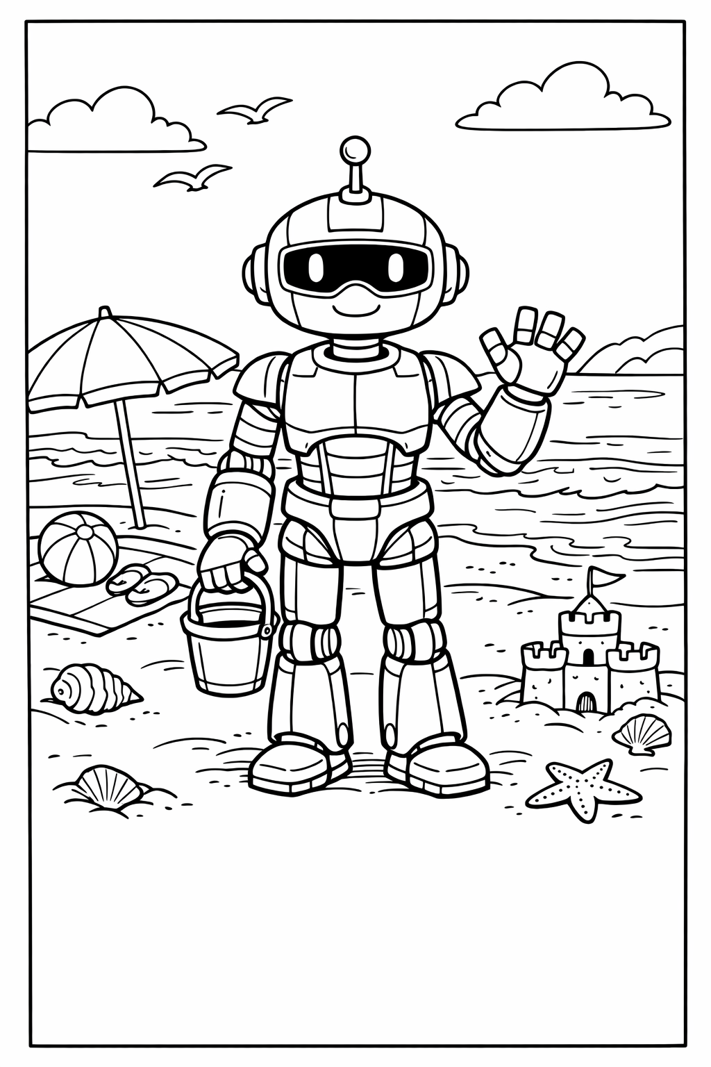 Summer Beach Robot Scene Coloring Page