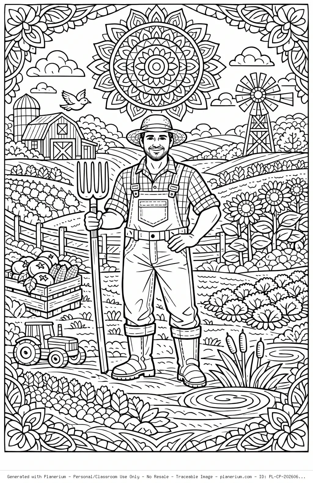 Summer Farm Man Mandala Coloring Page