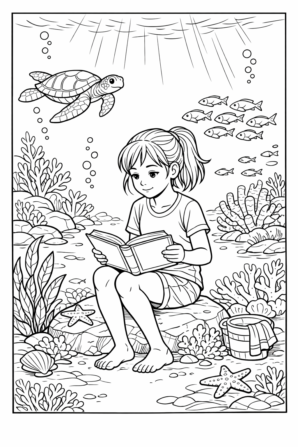 Summer Underwater Girl Reading Coloring Page