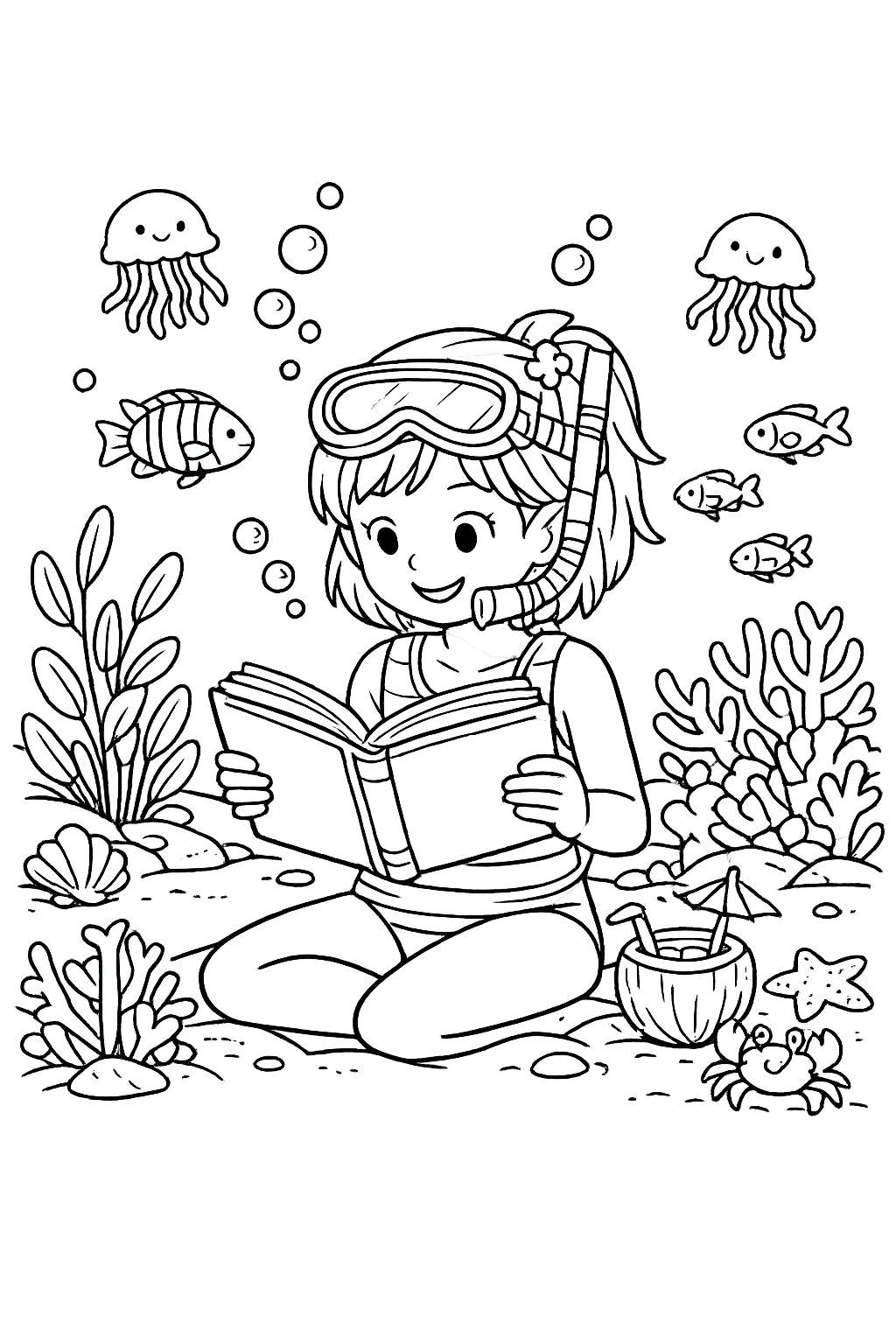 Summer Underwater Reading Adventure Coloring Page