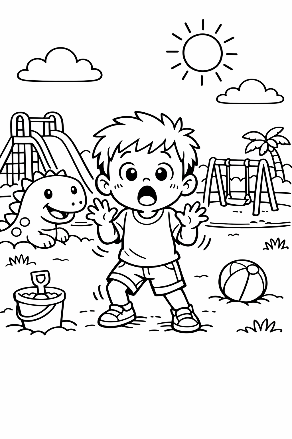 Surprised Boy at the Summer Playground Coloring Page