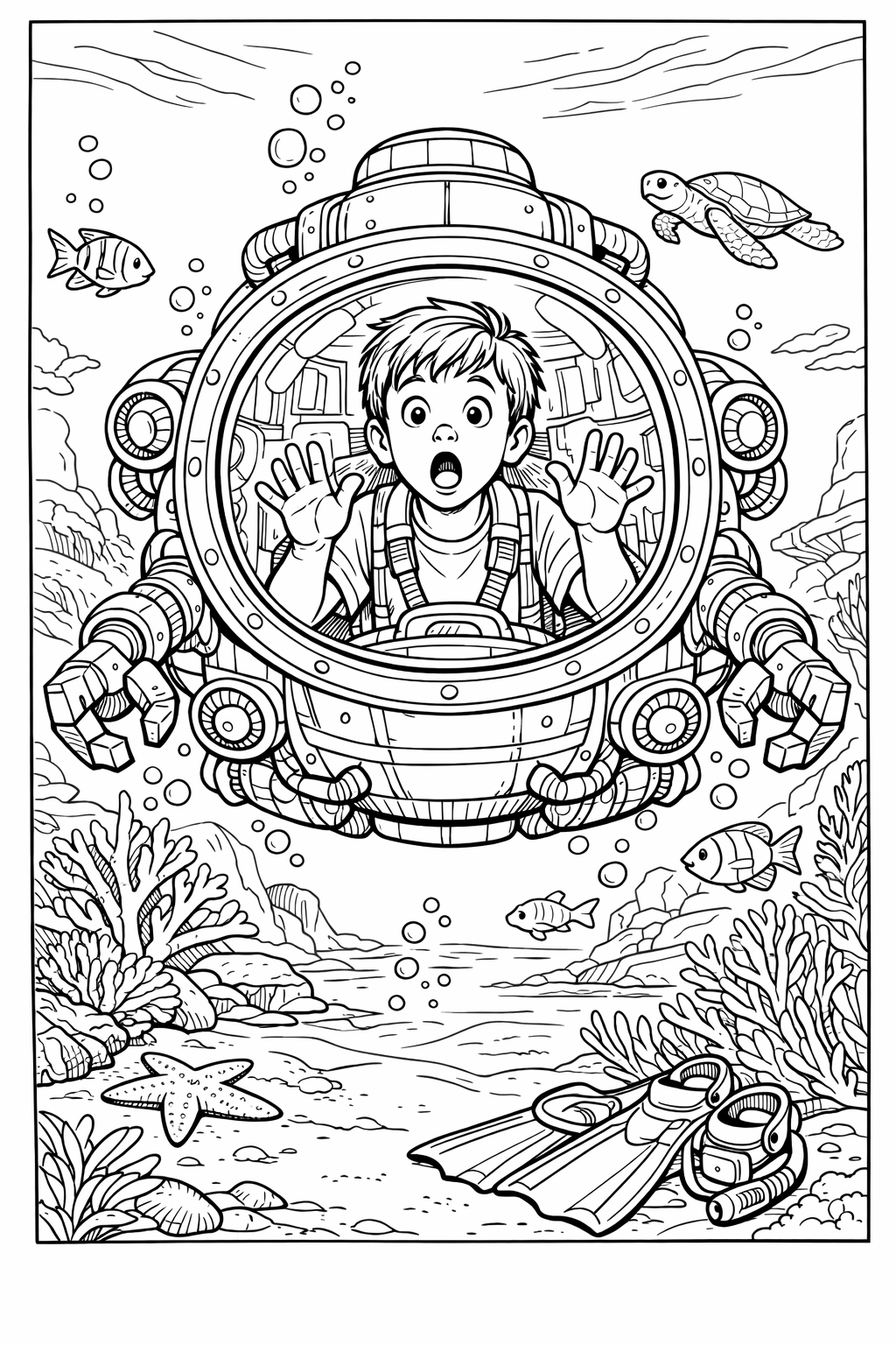 Surprised Boy Exploring a Summer Underwater Vehicle Coloring Page
