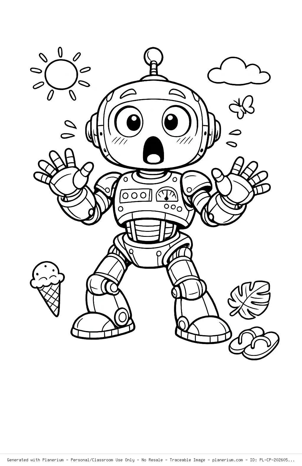 Surprised Summer Robot Coloring Page