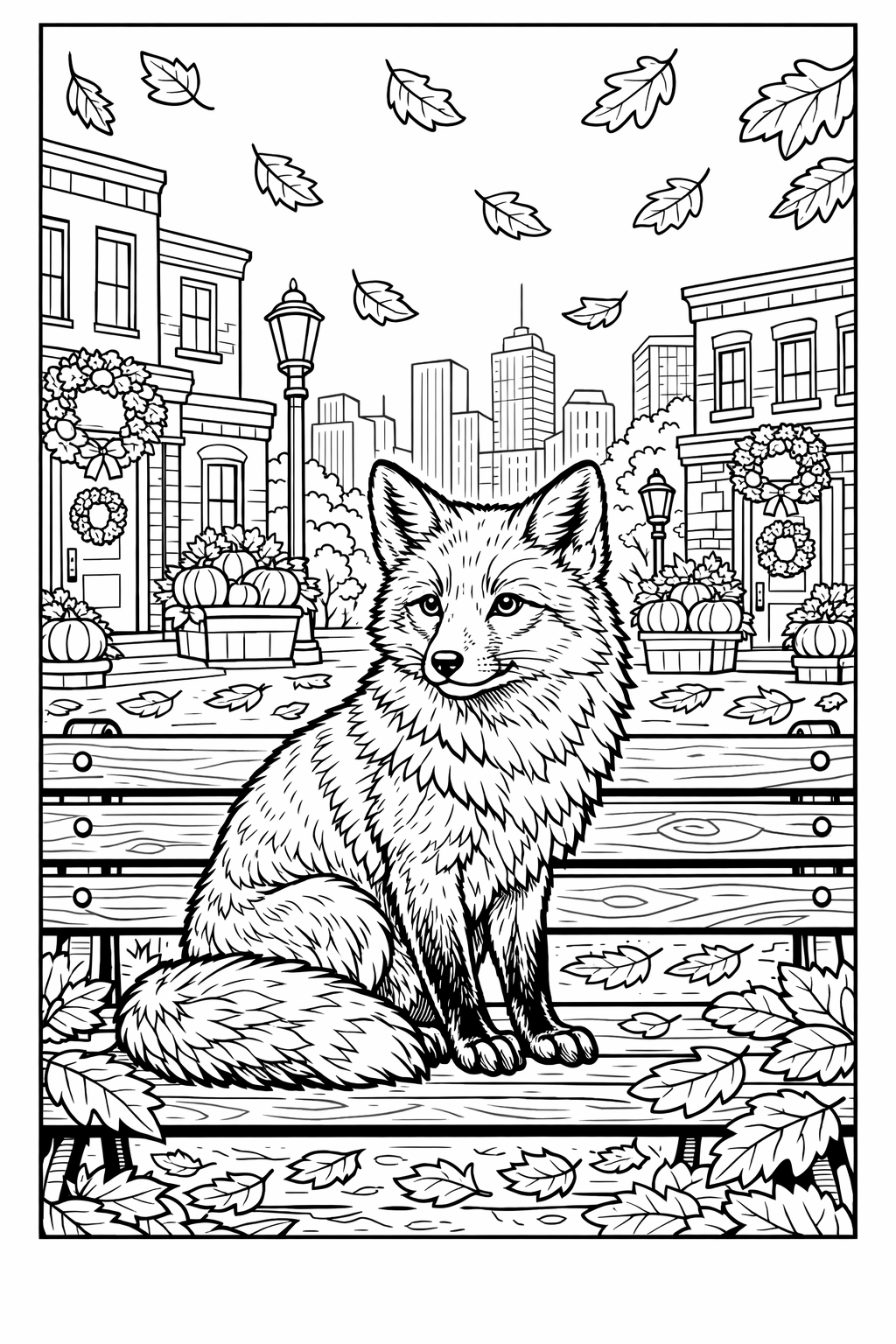 Thanksgiving City Fox in Autumn Coloring Page