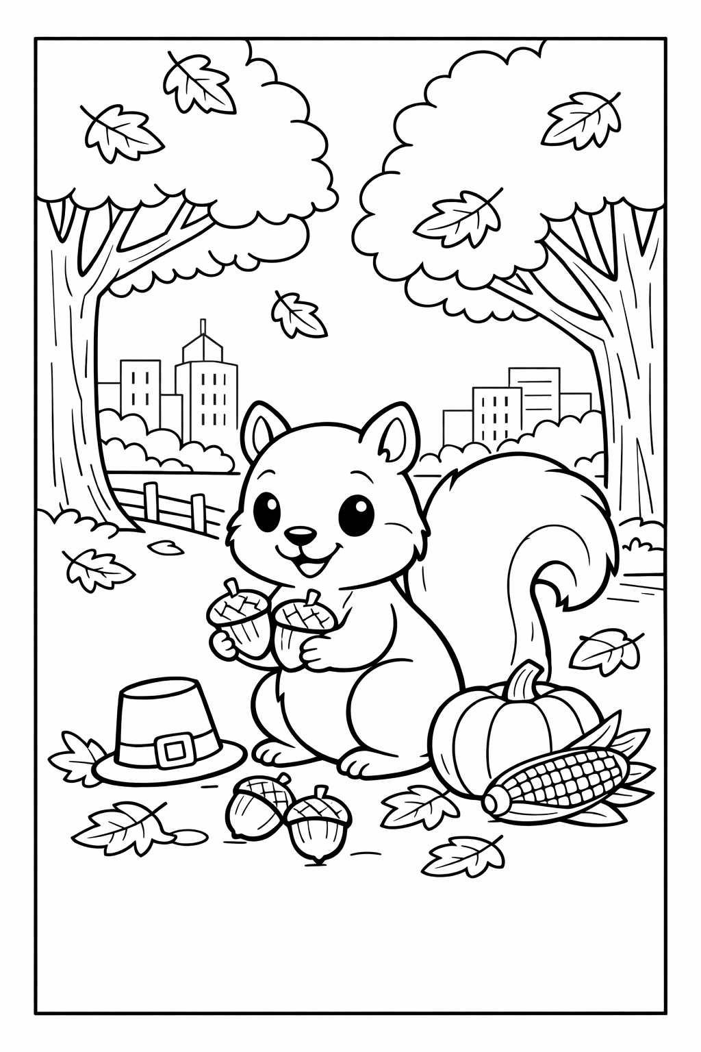 Thanksgiving City Squirrel in Fall Coloring Page