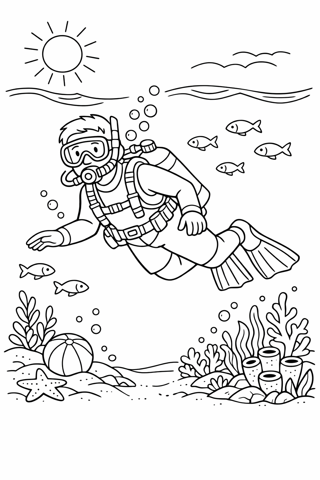 Underwater Adult Explorer in Summer Coloring Page