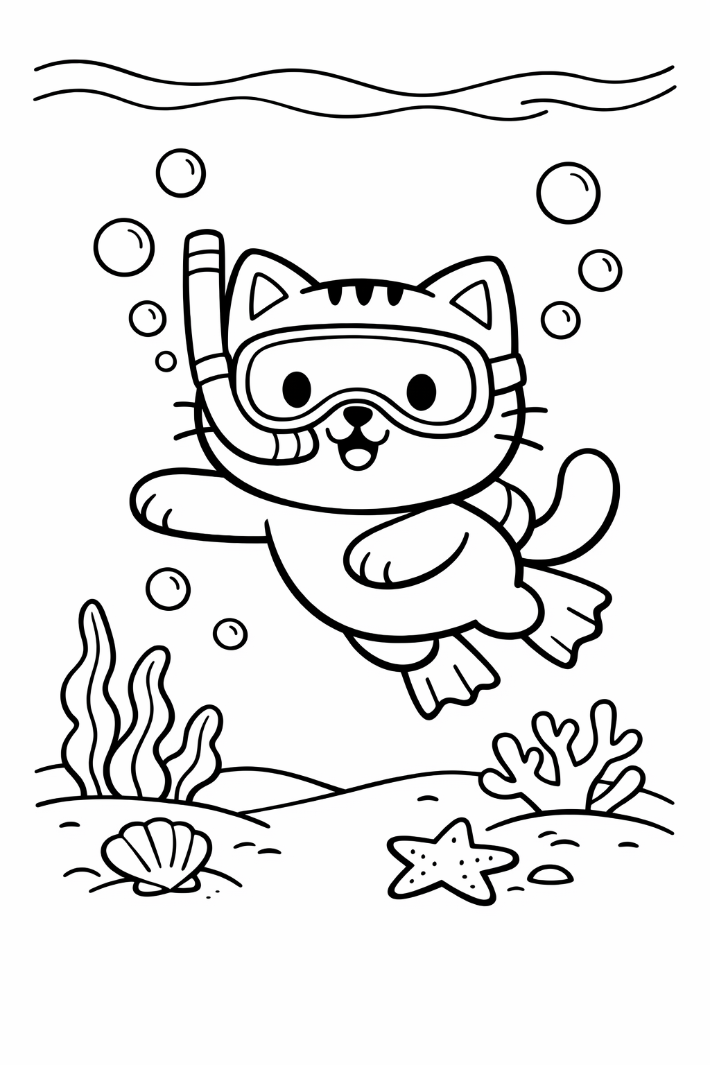 Underwater Cat Adventure Coloring Page