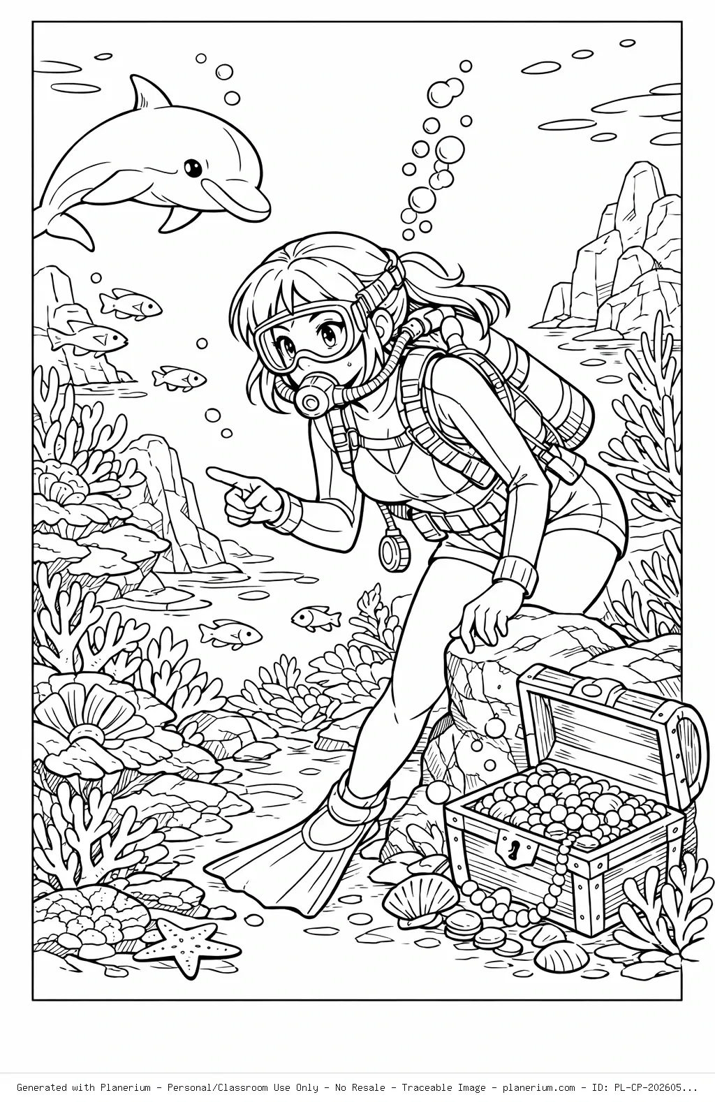 Underwater Exploration with an Adult Woman Coloring Page