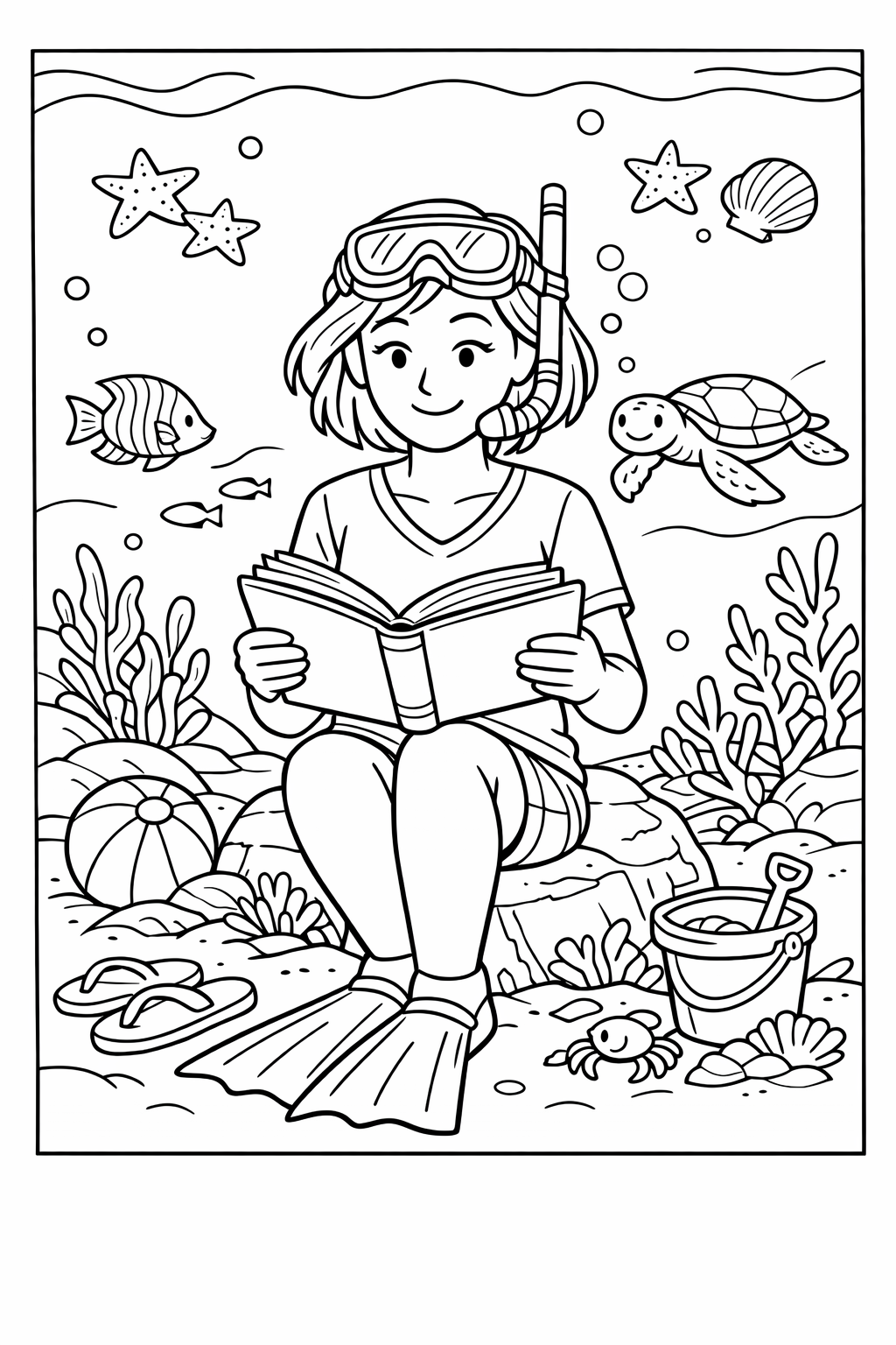 Underwater Teacher Reading in Summer Coloring Page