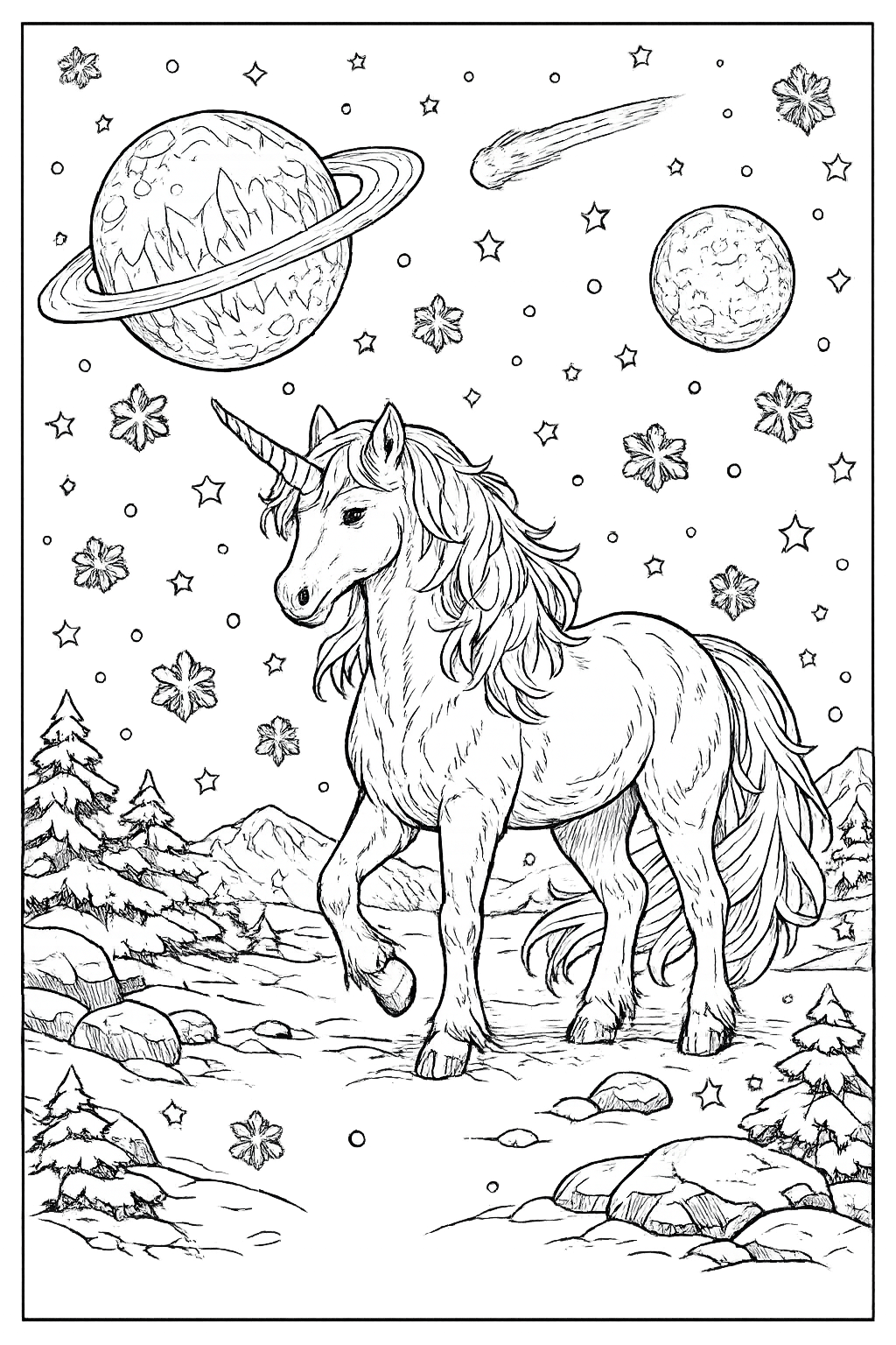Winter Space Unicorn Adventure Coloring Page