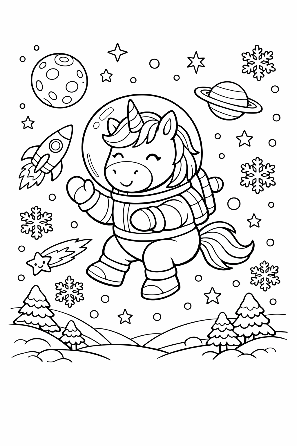 Winter Space Unicorn Adventure Coloring Page