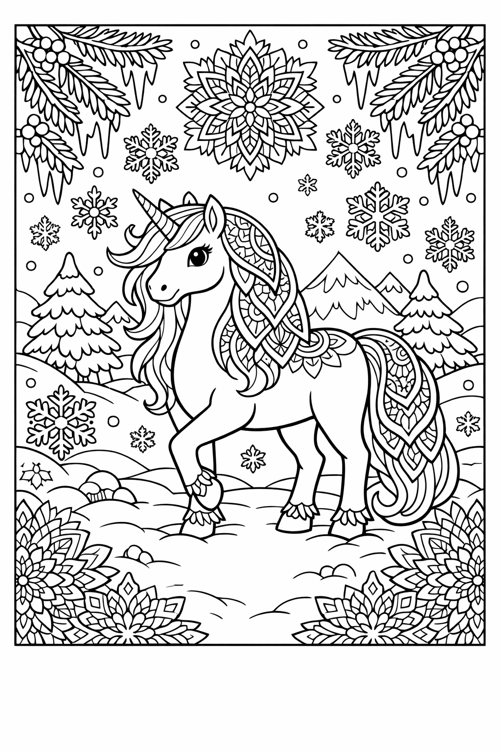 Winter Unicorn Mandala Adventure Coloring Page